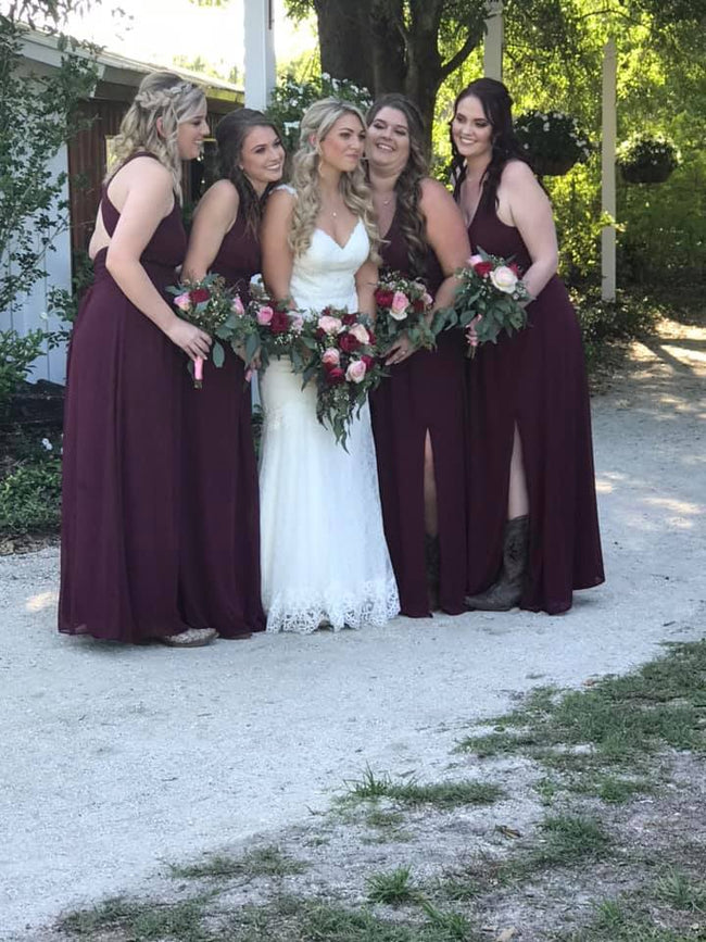 Burgundy Bride and Bridesmaids with bridal bouquets
