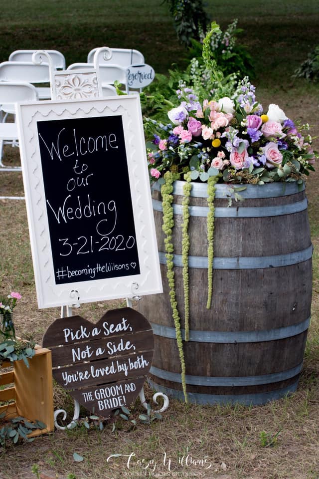 Welcome To Our Wedding Signs and Wedding Centerpiece on a Whiskey Barrel